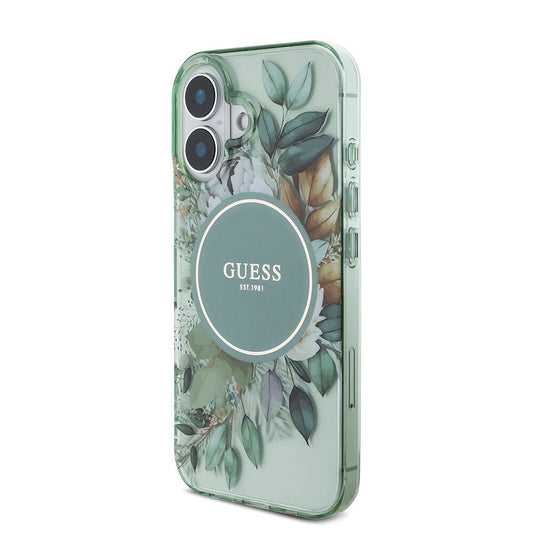 iPhone 16 Plus Kılıf Guess Orjinal Lisanslı M-safe Şarj Özellikli IML Baskılı Çiçek İnci Bileklikli Kapak