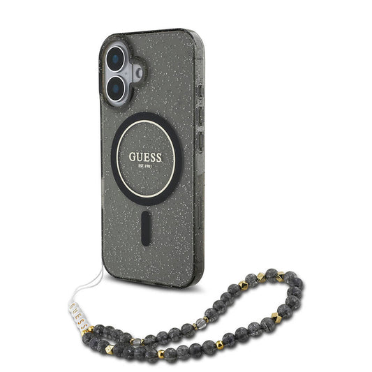 iPhone 16 Plus Kılıf Guess Orjinal Lisanslı M-safe Şarj Özellikli Simli Silikon İnci Bileklikli Kapak