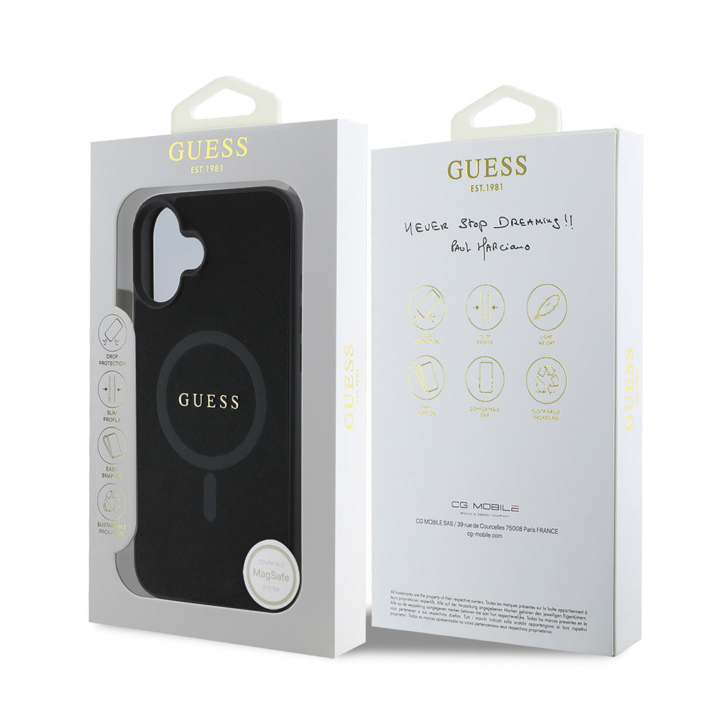 iPhone 16 Plus Kılıf Guess Orjinal Lisanslı M-safe Şarj Özellikli Yazı Logolu Saffiano Classic Kapak