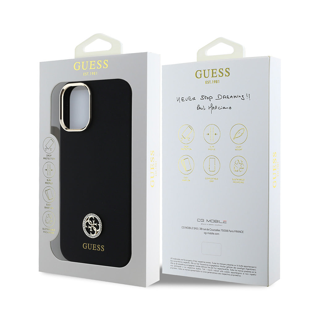 iPhone 16 Plus Kılıf Guess Orjinal Lisanslı Yazı ve Taşlı 4G Logolu Metal Kamera Çerçeveli Silikon Kapak