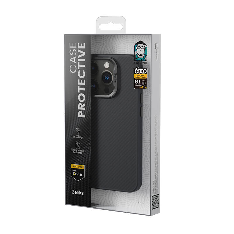 iPhone 16 Plus Kılıf Karbon Fiber M-safe Şarj Özellikli Benks Hybrid ArmorPro 600D Kevlar Kapak