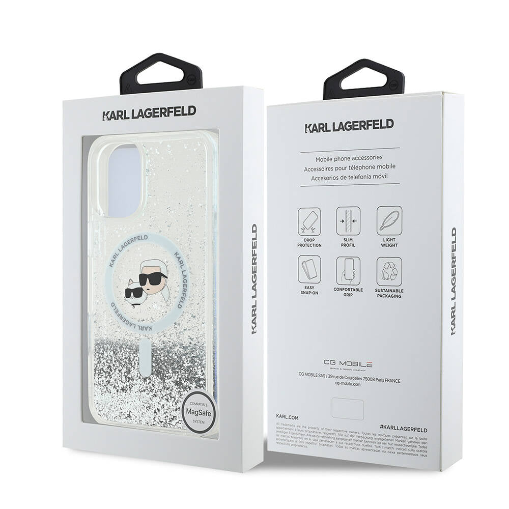 iPhone 16 Plus Kılıf Karl Lagerfeld Orjinal Lisanslı M-safe Şarj Özellikli Sıvılı Simli K&C Heads Kapak