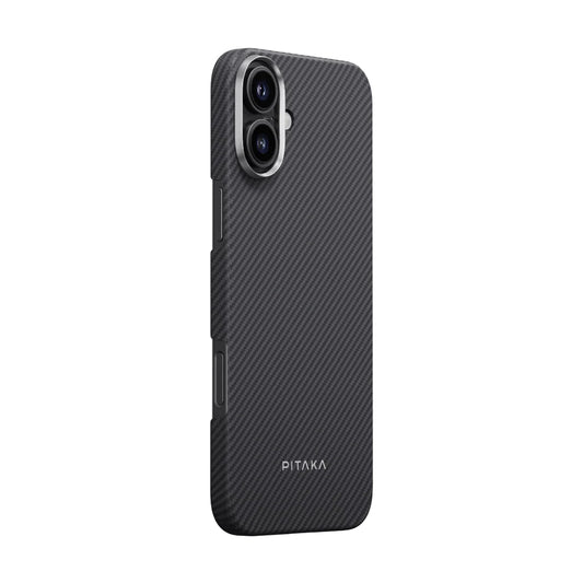 iPhone 16 Plus Kılıf M-safe Şarj Özellikli 600D Aramid Fiber Pitaka Ultra-Slim Classic Serisi Black-Grey Twill Kapak