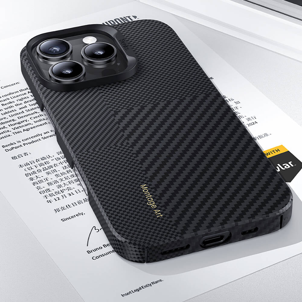 iPhone 16 Plus Kılıf M-safe Şarj Özellikli Karbon Fiber Benks Montage ArmorAir Kevlar Kapak
