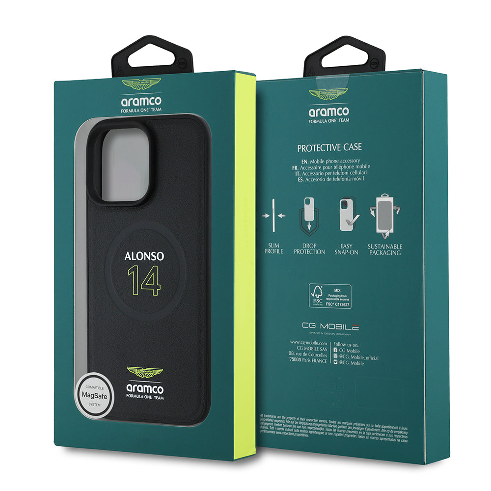 iPhone 16 Pro Kılıf Aston Martin Orjinal Lisanslı M-safe Şarj Özellikli PU Deri Alonso 14 Baskılı Kapak