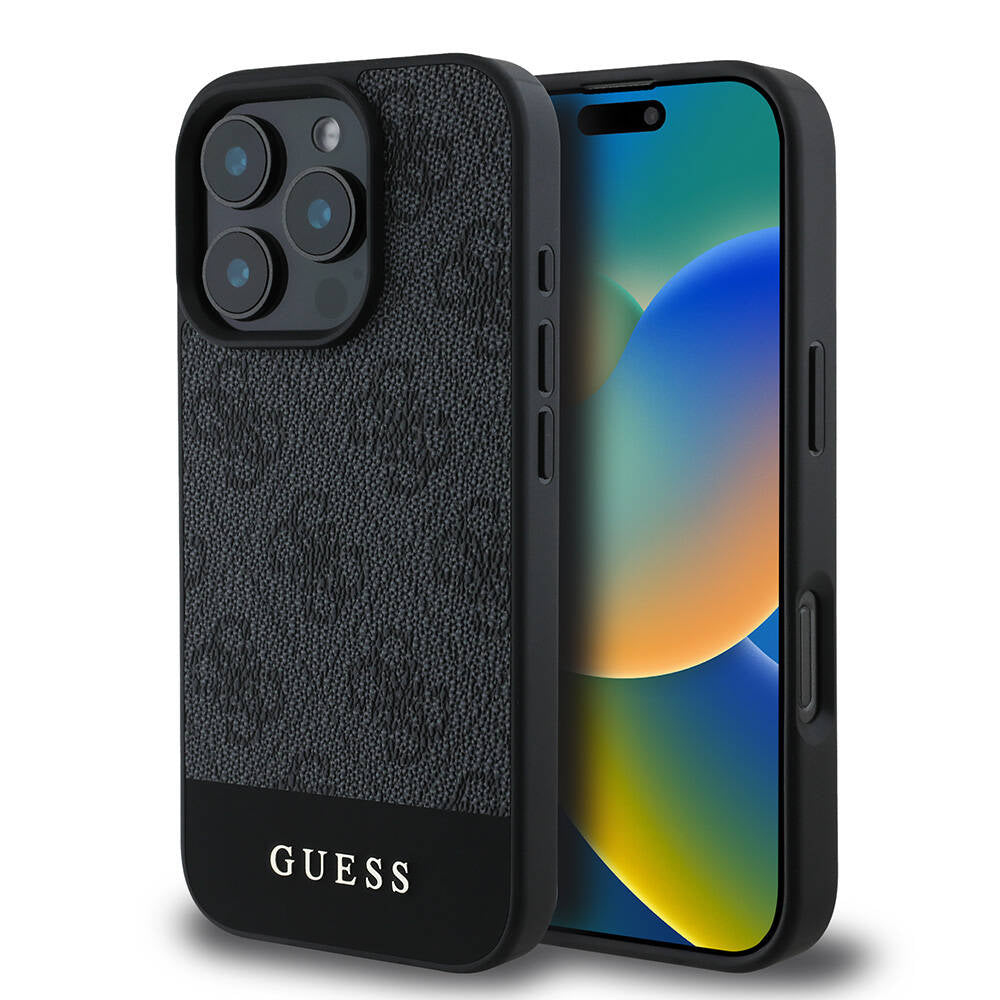 iPhone 16 Pro Kılıf Guess Orjinal Lisanslı M-safe Şarj Özellikli PU Deri Şerit Logo Dizaynlı Kapak