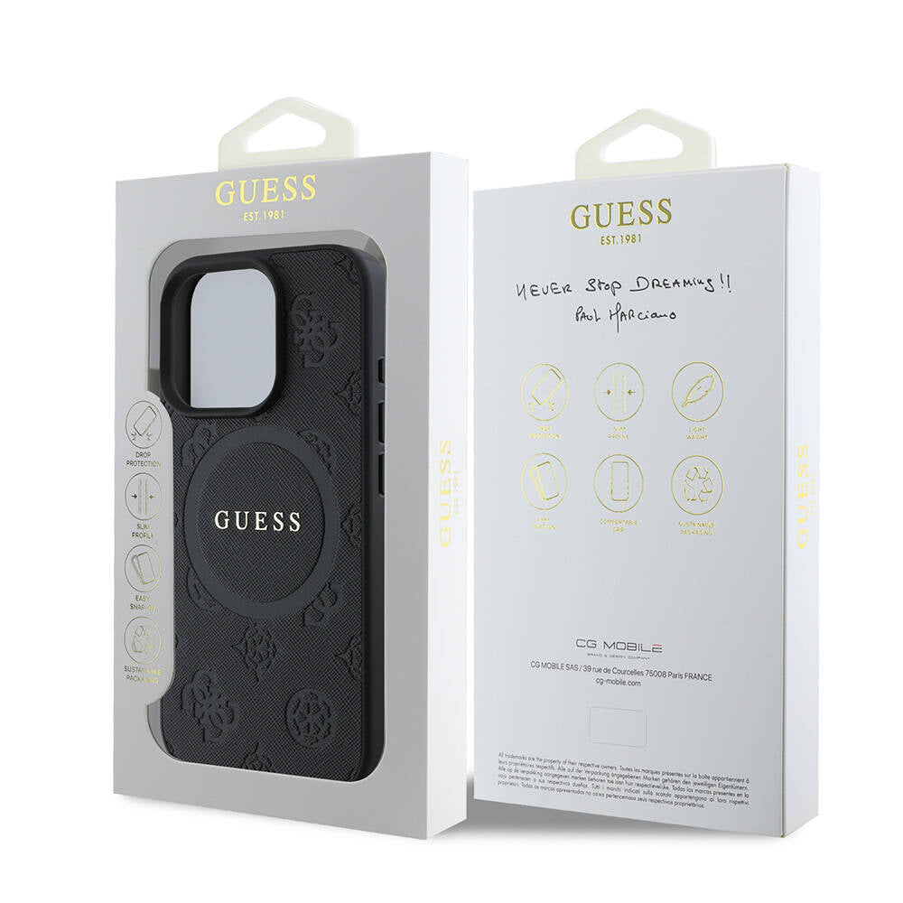 iPhone 16 Pro Kılıf Guess Orjinal Lisanslı M-safe Şarj Özellikli Yazı Logolu Saffiano Peony Kapak