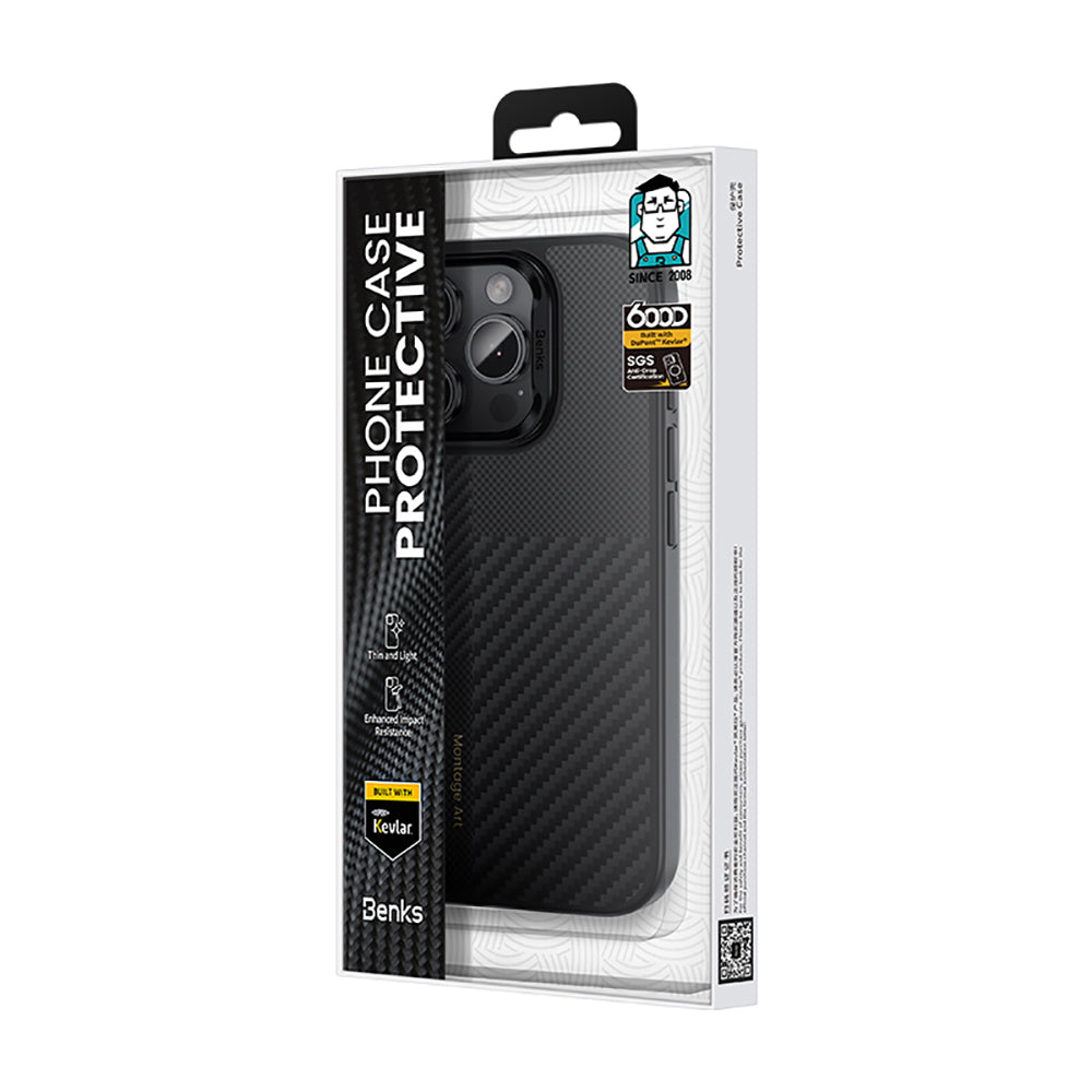 iPhone 16 Pro Kılıf Karbon Fiber M-safe Şarj Özellikli Kamera Kontrol Butonlu Benks Hybrid ArmorPro Montage Kevlar Kapak