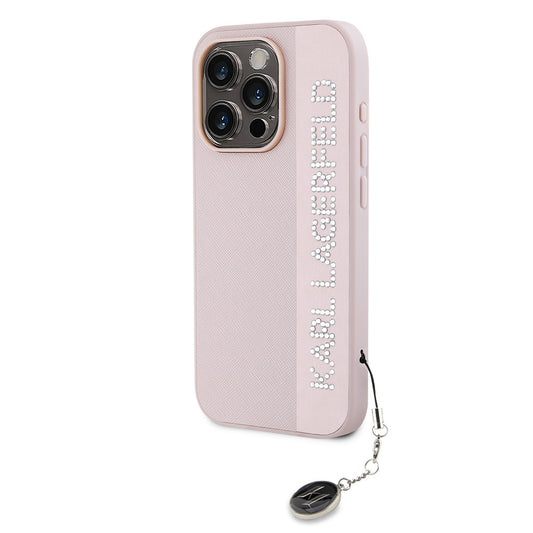 iPhone 16 Pro Kılıf Karl Lagerfeld Orjinal Lisanslı Anahtarlıklı Taşlı KL Yazılı Saffiano Rhinestones Kapak