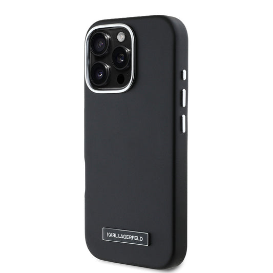 iPhone 16 Pro Kılıf Karl Lagerfeld Orjinal Lisanslı M-safe Şarj Özellikli Metal Kamera ve Buton Tasarımlı Plaka Logolu PU Deri Kapak