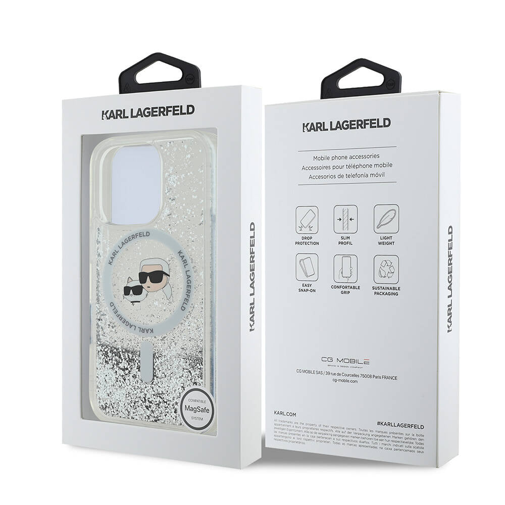 iPhone 16 Pro Kılıf Karl Lagerfeld Orjinal Lisanslı M-safe Şarj Özellikli Sıvılı Simli KC Heads Kapak