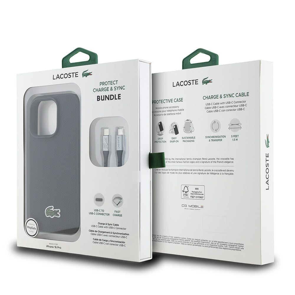 iPhone 16 Pro Kılıf Lacoste Orjinal Lisanslı PU Pike Desenli Arka Yüzey İkonik Timsah Dokuma Logolu Kapak + Type-C Kablo 1.5m