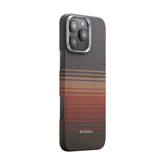 iPhone 16 Pro Kılıf M-safe Şarj Özellikli Aramid Fiber Pitaka Tactile Woven Sunset-Moonrise Serisi Sunset Kapak