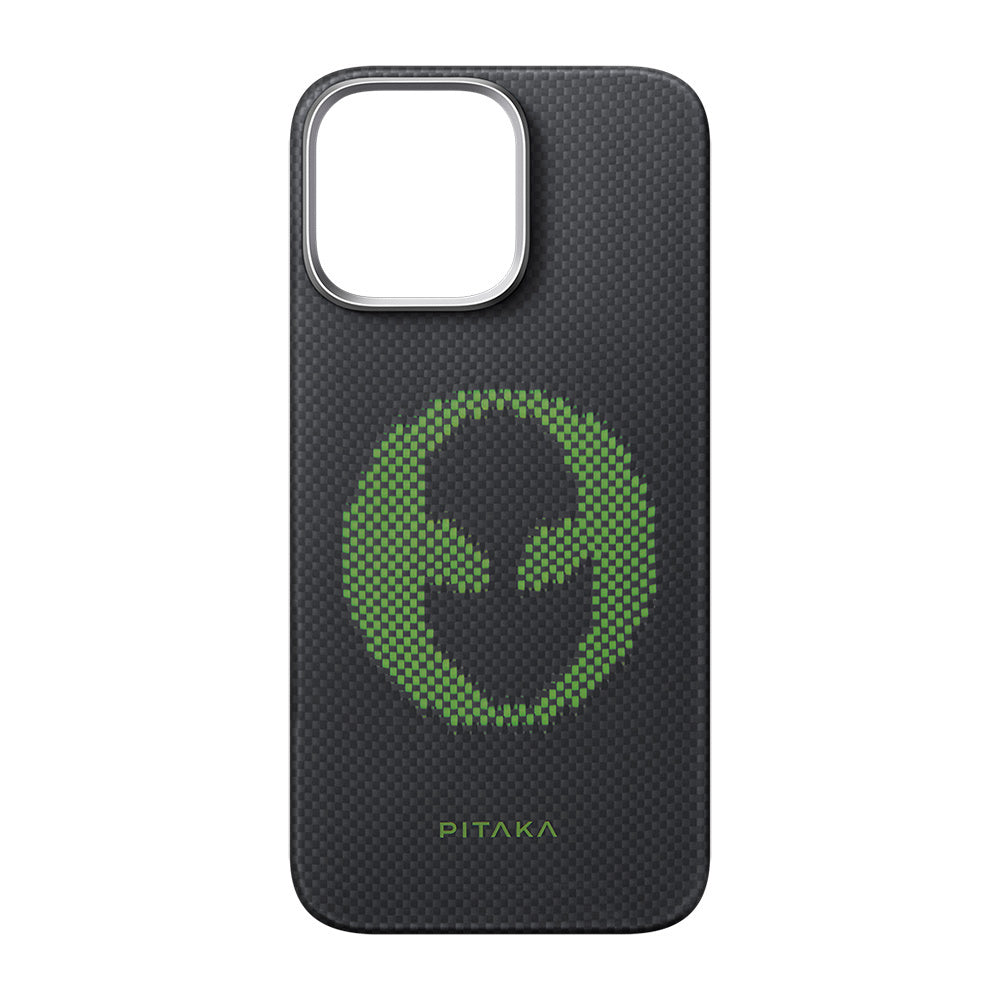 iPhone 16 Pro Kılıf M-safe Şarj Özellikli Lumintex Teknolojili Fosforlu Aramid Fiber Pitaka Tactile Woven Aries Serisi Alien Kapak