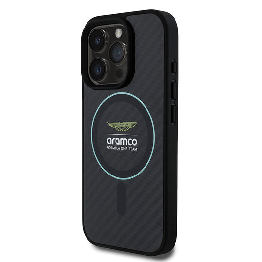 iPhone 16 Pro Max Kılıf Aston Martin Orjinal Lisanslı M-safe Şarj Özellikli Renkli Halka ve Karbon Fiber Tasarımlı Kapak