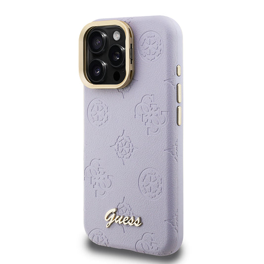 iPhone 16 Pro Max Kılıf Guess Orjinal Lisanslı M-safe Şarj Özellikli Sıcak Baskılı Yazı Logolu Kamera Standlı PU Deri Peony Kapak