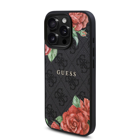 iPhone 16 Pro Max Kılıf Guess Orjinal Lisanslı M-safe Şarj Özellikli Gül Baskılı 4G Desenli Yazı Logolu Kapak