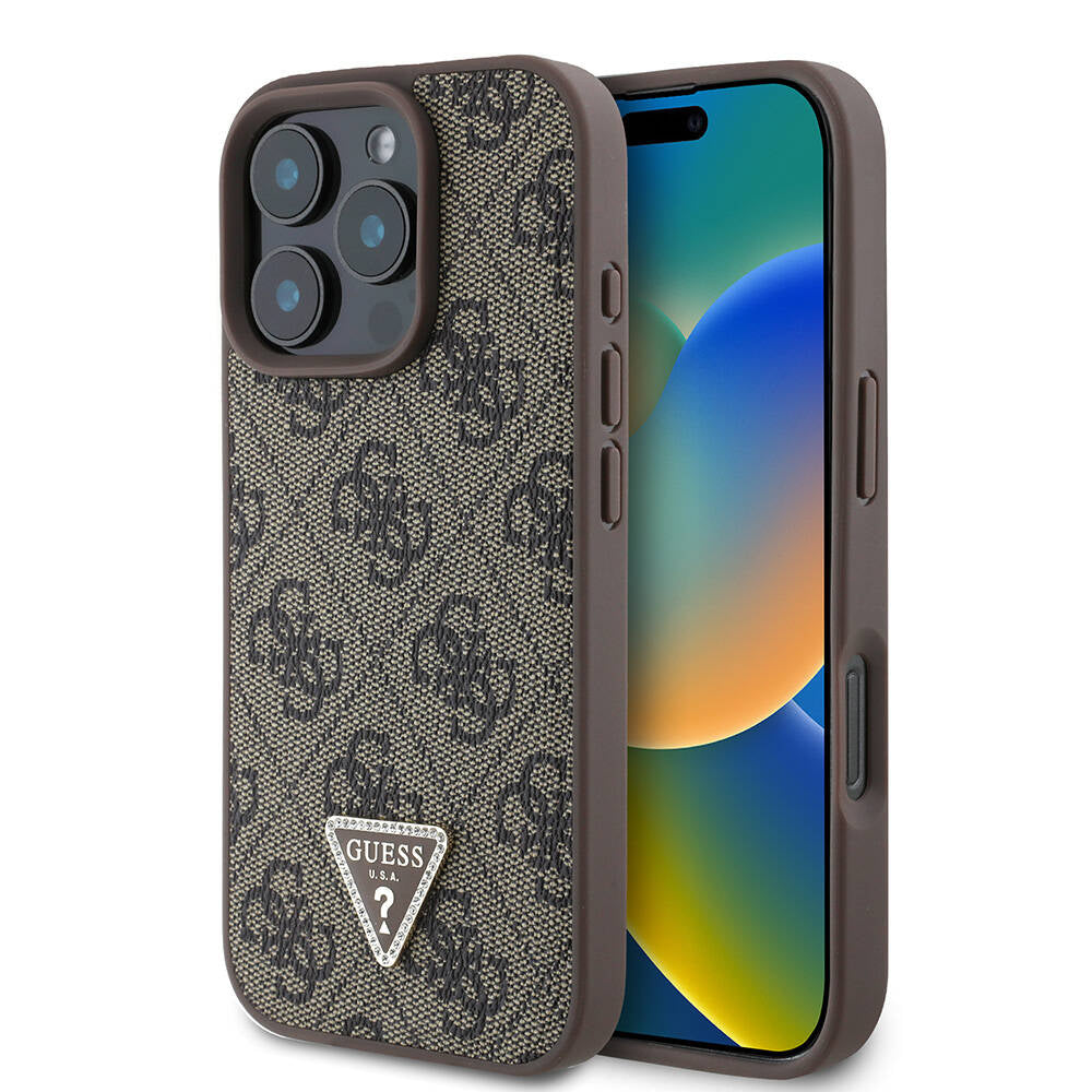 iPhone 16 Pro Max Kılıf Guess Orjinal Lisanslı M-safe Şarj Özellikli PU Deri 4G Desenli Taşlı Üçgen Logolu Kapak