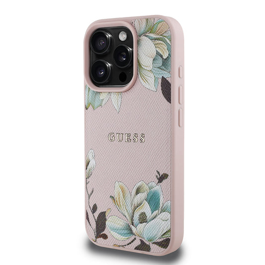 iPhone 16 Pro Max Kılıf Guess Orjinal Lisanslı M-safe Şarj Özellikli Taneli Çiçek Tasarımlı Metal Yazı Logolu Kapak