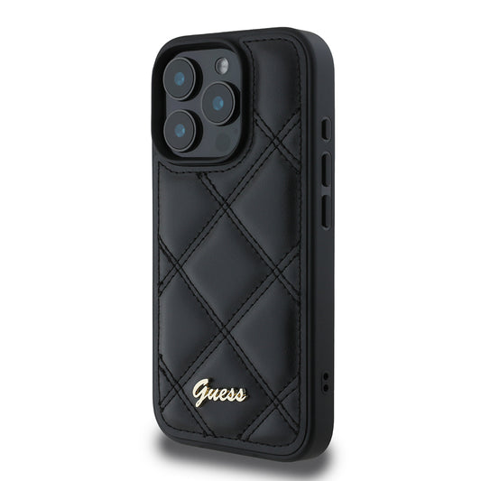iPhone 16 Pro Max Kılıf Guess Orjinal Lisanslı PU Deri Metal Yazı Logolu Kapitone Kapak