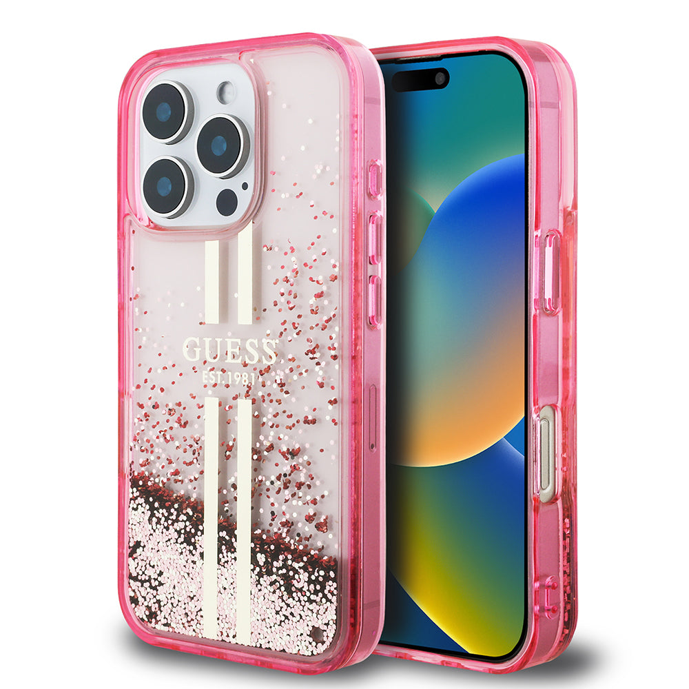 iPhone 16 Pro Max Kılıf Guess Orjinal Lisanslı Transparan Sıvılı Simli Altın Çizgili Kapak
