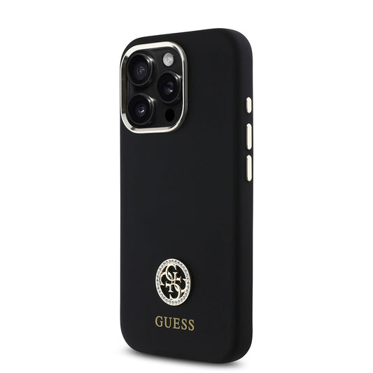 iPhone 16 Pro Max Kılıf Guess Orjinal Lisanslı Yazı ve Taşlı 4G Logolu Metal Kamera Çerçeveli Silikon Kapak