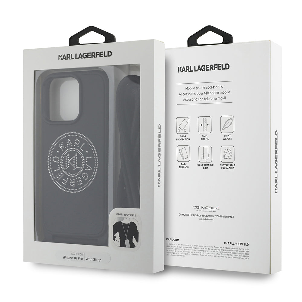 iPhone 16 Pro Max Kılıf Karl Lagerfeld Orjinal Lisanslı Askı İpli Taşlı KL Yazılı Crossbody Cord Kapak