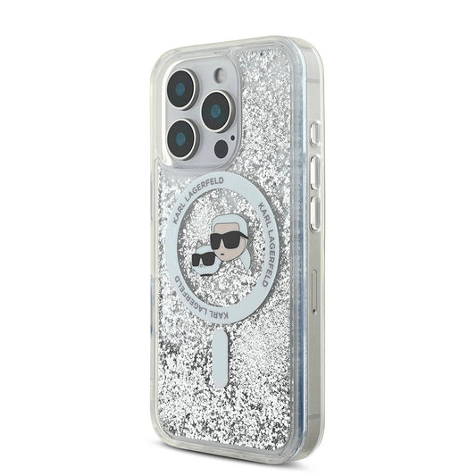 iPhone 16 Pro Max Kılıf Karl Lagerfeld Orjinal Lisanslı M-safe Şarj Özellikli Sıvılı Simli KC Heads Kapak