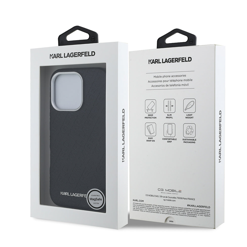 iPhone 16 Pro Max Kılıf Karl Lagerfeld Orjinal Lisanslı PU Deri Damgalı Metal Yazı Logolu Kapak