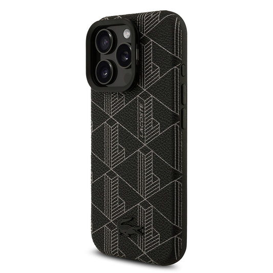 iPhone 16 Pro Max Kılıf Lacoste Orjinal Lisanslı M-safe Şarj Özellikli Standlı PU Deri Karışık Monogram Desenli Kapak