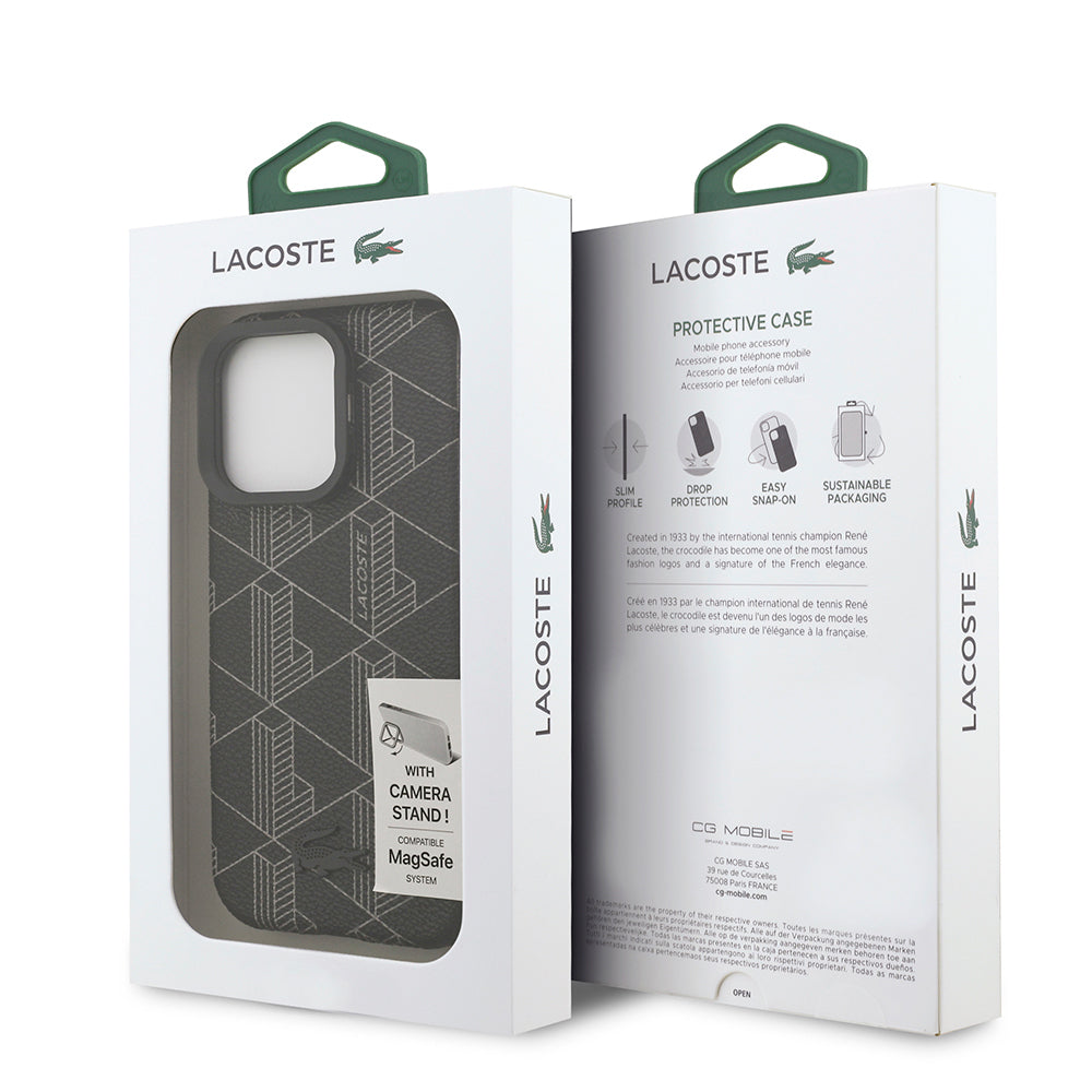 iPhone 16 Pro Max Kılıf Lacoste Orjinal Lisanslı M-safe Şarj Özellikli Standlı PU Deri Karışık Monogram Desenli Kapak