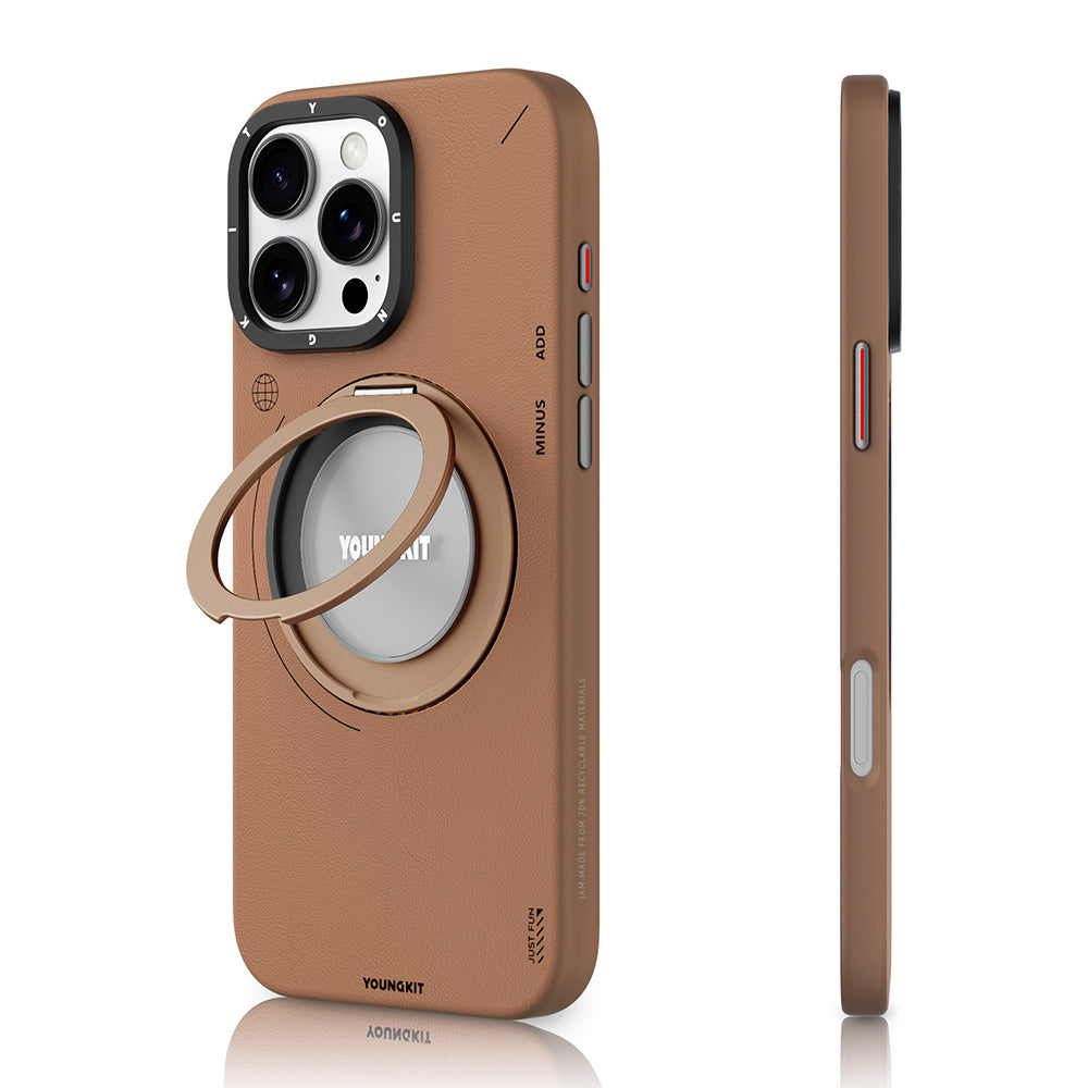 iPhone 16 Pro Max Kılıf M-safe Şarj Özellikli 360° Standlı Basit Mat Deri Desenli Youngkit Tech Leather Serisi Kapak