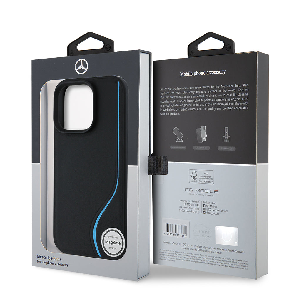 iPhone 16 Pro Max Kılıf Mercedes Benz Orjinal Lisanslı M-safe Şarj Özellikli 3D Metal Logolu Mavi Dikey Eğri Çizgili Deri Kapak