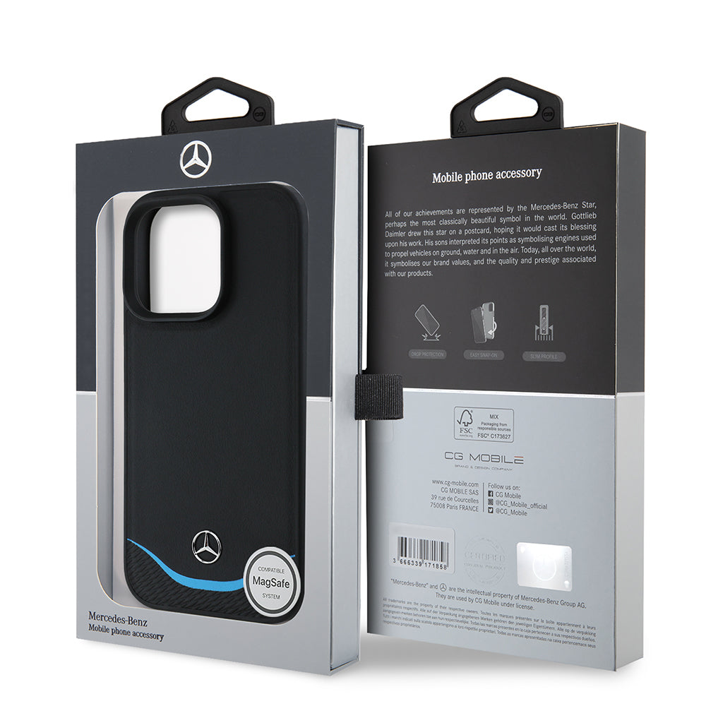 iPhone 16 Pro Max Kılıf Mercedes Benz Orjinal Lisanslı M-safe Şarj Özellikli 3D Metal Logolu Mavi Yatay Eğri Çizgili Deri Kapak