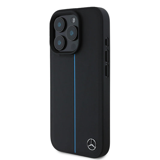 iPhone 16 Pro Max Kılıf Mercedes Benz Orjinal Lisanslı M-safe Şarj Özellikli Metal Yıldız Logolu Mavi Çizgili Deri Kapak