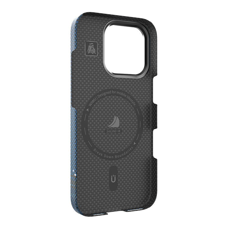 iPhone 16 Pro Max Kılıf Wiwu DCC-209 M-safe Şarj Özellikli Kamera Standlı Aramid Fiber Tasarım Kevlar Kapak