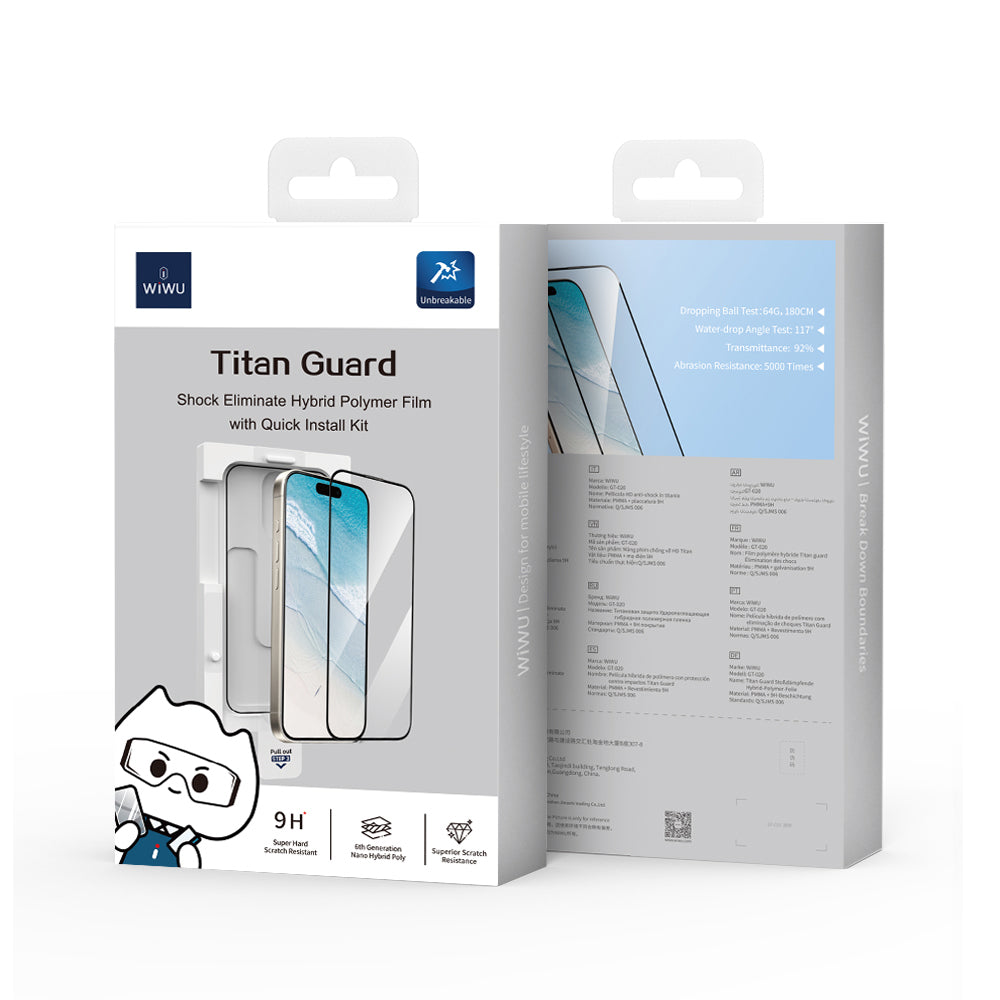 iPhone 16 Pro Wiwu GT-020 Titan Guard Serisi Şok Emici Hibrit Polimer HD Şeffaf Ekran Koruyucu Film + Kolay Uygulama Aparatı
