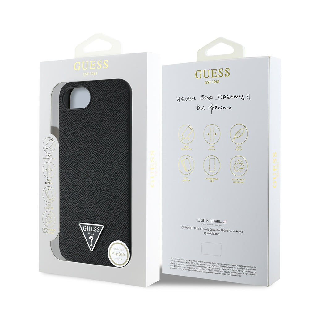 iPhone 16E Kılıf Guess Orjinal Lisanslı M-safe Şarj Özellikli Grained Triangle Kapak