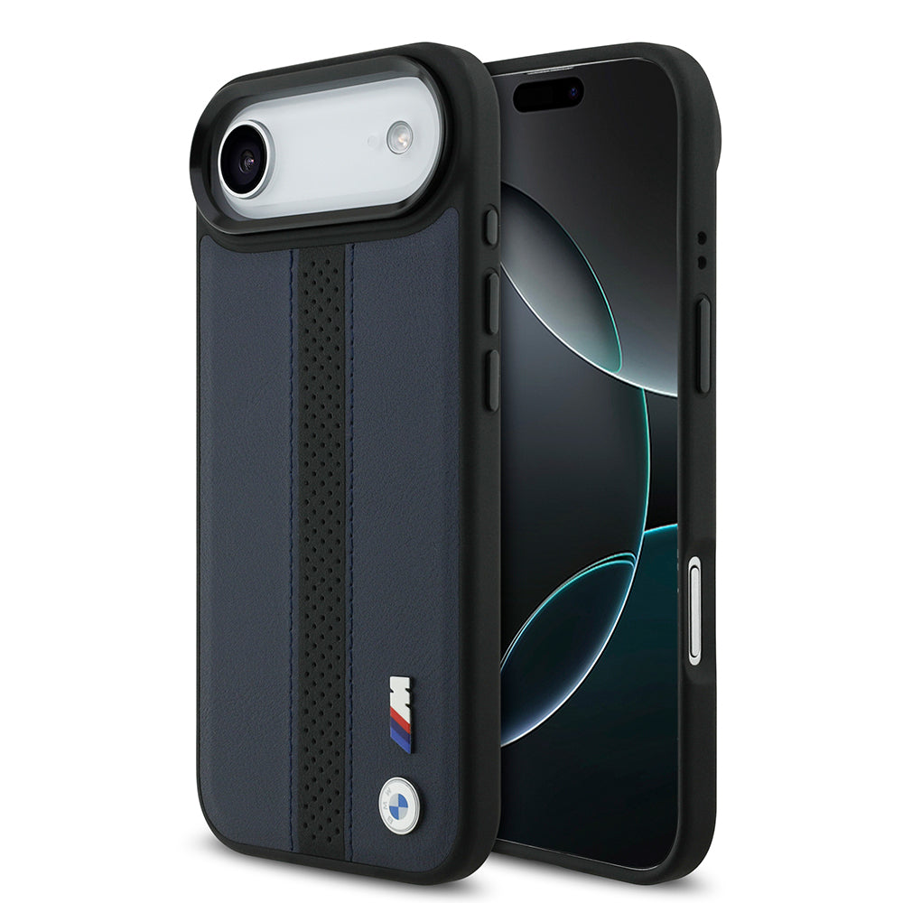 iPhone 17 Air Kılıf BMW Orjinal Lisanslı M-safe Şarj Özellikli Deri Arka Yüzey Metal Logolu Delikli Şerit Tasarımlı Kapak