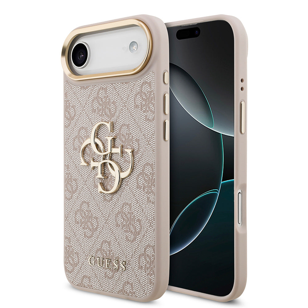 iPhone 17 Air Kılıf Guess Orjinal Lisanslı Gold Metal Kamera Çerçeveli 4G Desenli Metal Büyük 4G ve Yazı Logolu Kapak