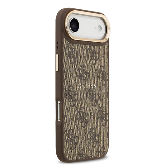 iPhone 17 Air Kılıf Guess Orjinal Lisanslı M-safe Şarj Özellikli Gold Metal Kamera Çerçeveli PU Deri 4G Desenli Yazı Logolu Kapak
