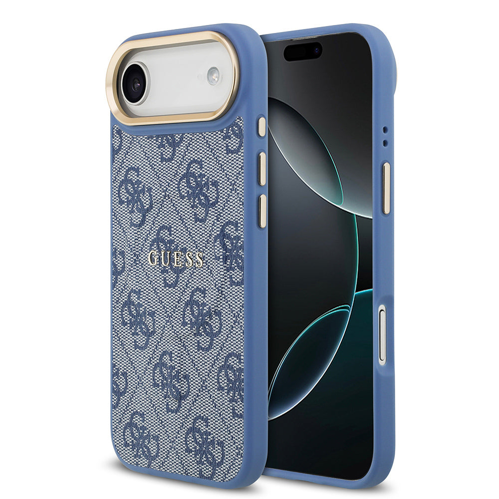 iPhone 17 Air Kılıf Guess Orjinal Lisanslı M-safe Şarj Özellikli Gold Metal Kamera Çerçeveli PU Deri 4G Desenli Yazı Logolu Kapak