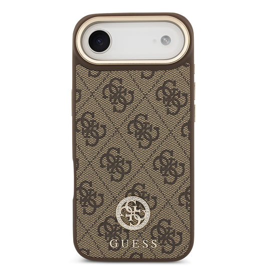 iPhone 17 Air Kılıf Guess Orjinal Lisanslı M-safe Şarj Özellikli Gold Metal Kamera Çerçeveli Taşlı 4G Logolu Kapak