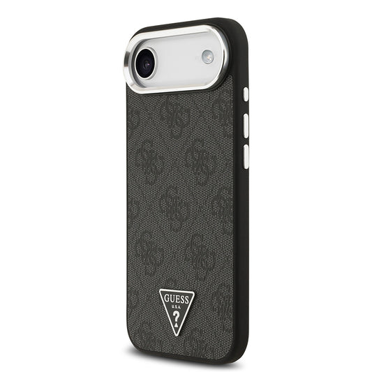 Apple iPhone 17 Air Kılıf Guess Orjinal Lisanslı M-safe Şarj Özellikli Gümüş Metal Kamera Çerçeveli Üçgen Logo 4G Desenli Kapak