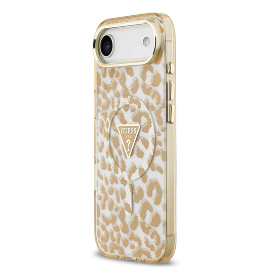 Apple iPhone 17 Air Kılıf Guess Orjinal Lisanslı M-safe Şarj Özellikli Üçgen Logolu Simli Leopar Desenli Kapak
