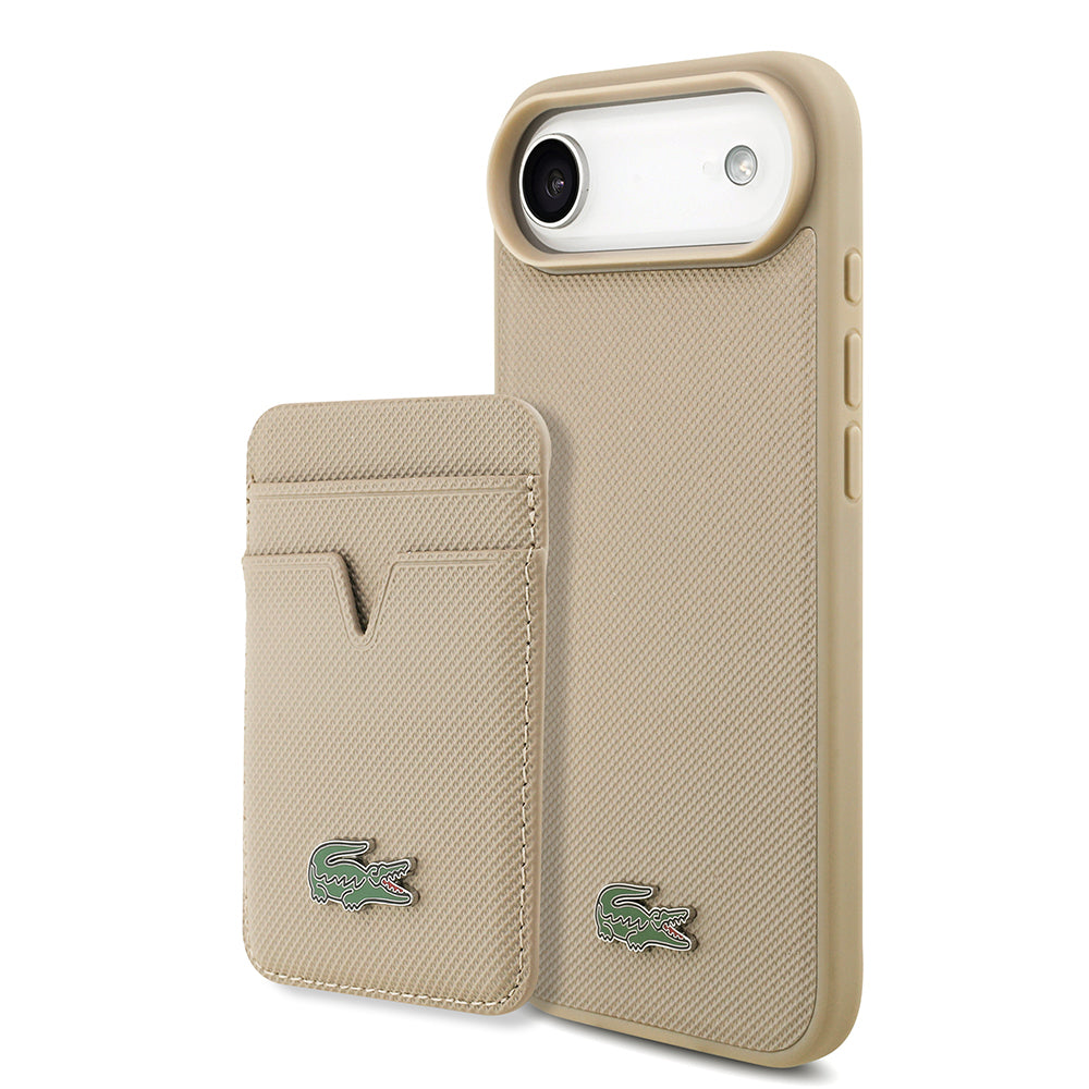 iPhone 17 Air Kılıf Lacoste Orjinal Lisanslı M-safe Şarj Özellikli PU Pike Desenli Metal Logolu Kartlıklı Kapak