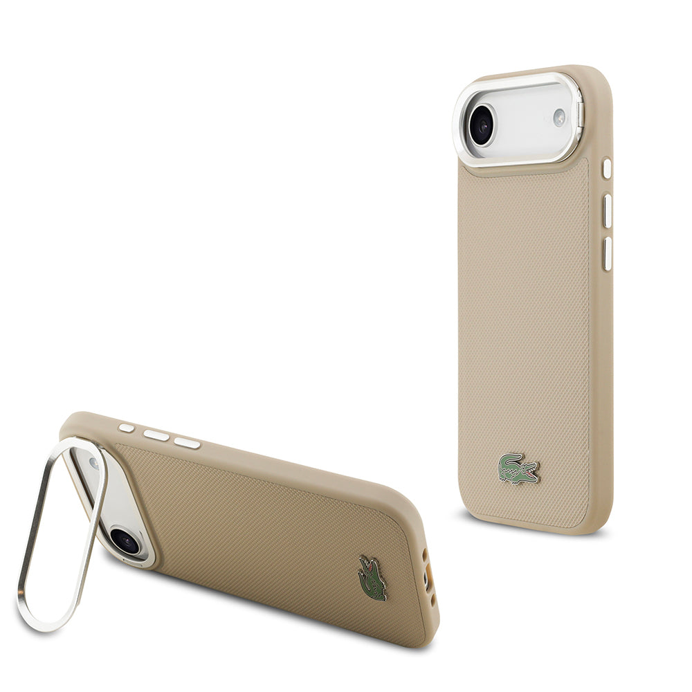 iPhone 17 Air Kılıf Lacoste Orjinal Lisanslı M-safe Şarj Özellikli PU Pike Desenli Standlı Metal Logolu Kapak