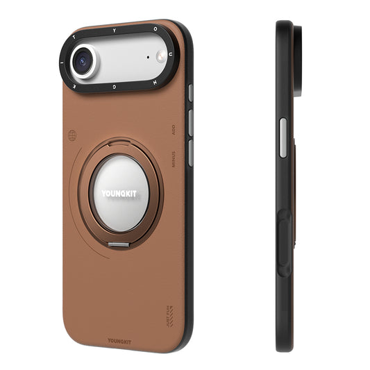 Apple iPhone 17 Air Kılıf M-safe Şarj Özellikli 360 Derece Standlı Basit Mat Deri Desenli Youngkit Tech Leather Serisi Kapak