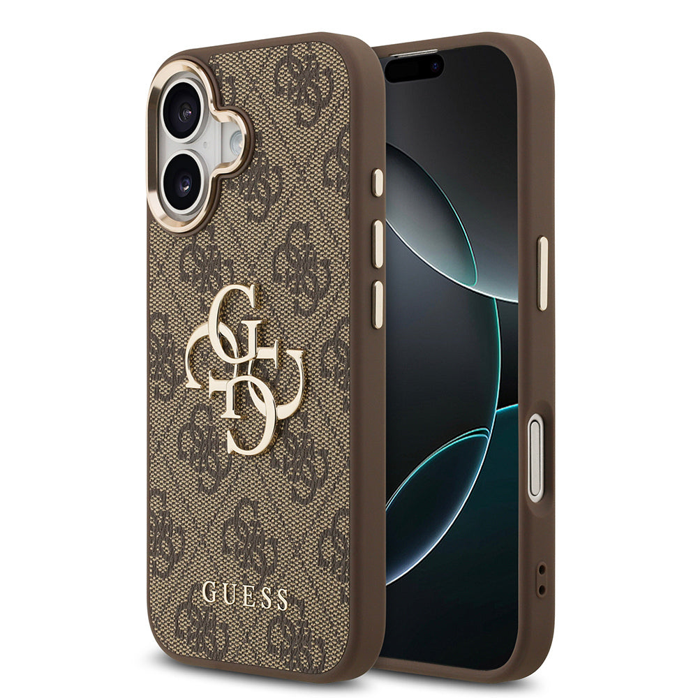 iPhone 17 Kılıf Guess Orjinal Lisanslı Gold Metal Kamera Çerçeveli 4G Desenli Metal Büyük 4G ve Yazı Logolu Kapak