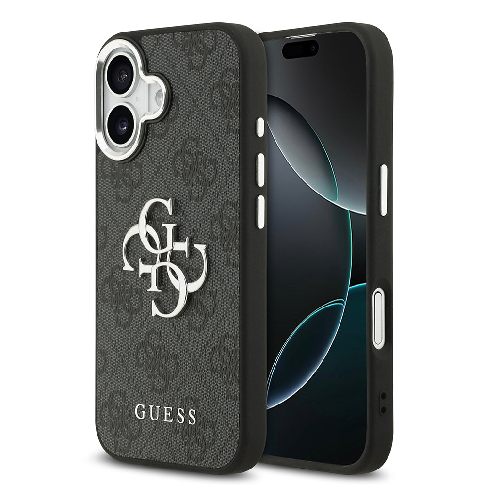 iPhone 17 Kılıf Guess Orjinal Lisanslı Gümüş Metal Kamera Çerçeveli 4G Desenli Metal Büyük 4G ve Yazı Logolu Kapak